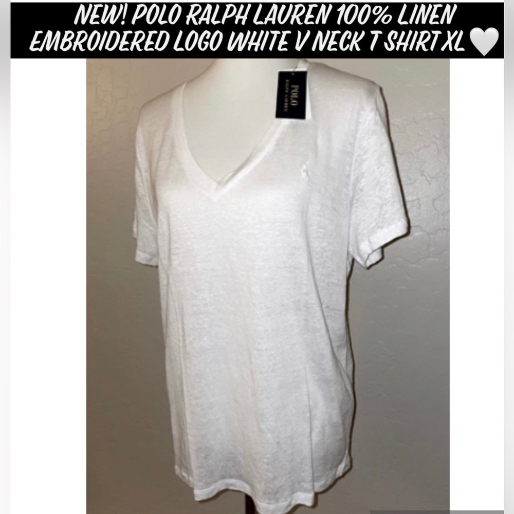 New! Polo Ralph Lauren 100% Linen Embroidered Logo White V Neck T Shirt XL🤍